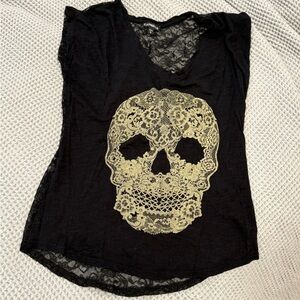 Express Black Top with Gold Skull Design